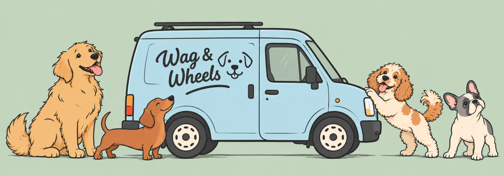 Lucy's powder-blue grooming van with a golden retriever, dachshund, cockapoo and French bulldog